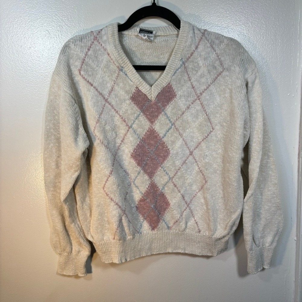 VTG‎ Irish Linen Cotton Saks Fifth Avenue Argyle Sweater Women Sz L Cream Preppy